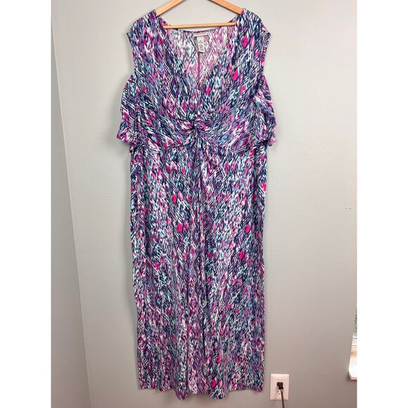 Catherines Women 4X Plus Cold Shoulder Maxi Dress Geometric Resort Vacation Boho - Picture 2 of 9